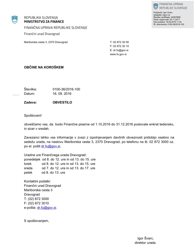 obvestilo finančne pisarne