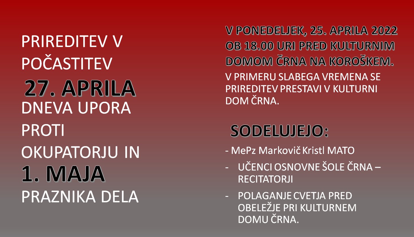 VABILO POČASTITEV 27. APRILA DNEVA UPORA PROTI OKUPATORJU IN 1. MAJA PRAZNIKA DELA
