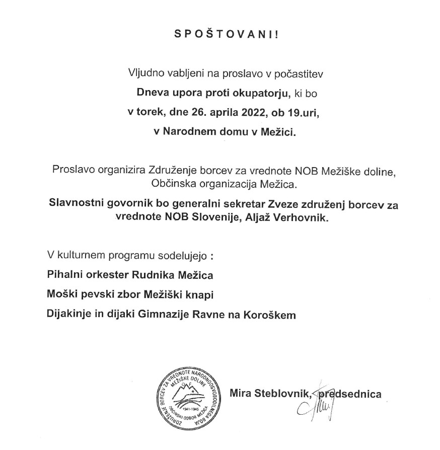 Vabilo na proslavo v počastitev Dneva upora prosti o okupatorju v Narodnem domu Mežica